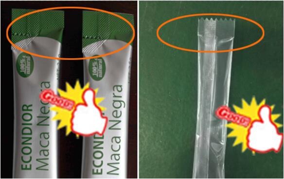 Exemplos de stick-packs selados e cortados