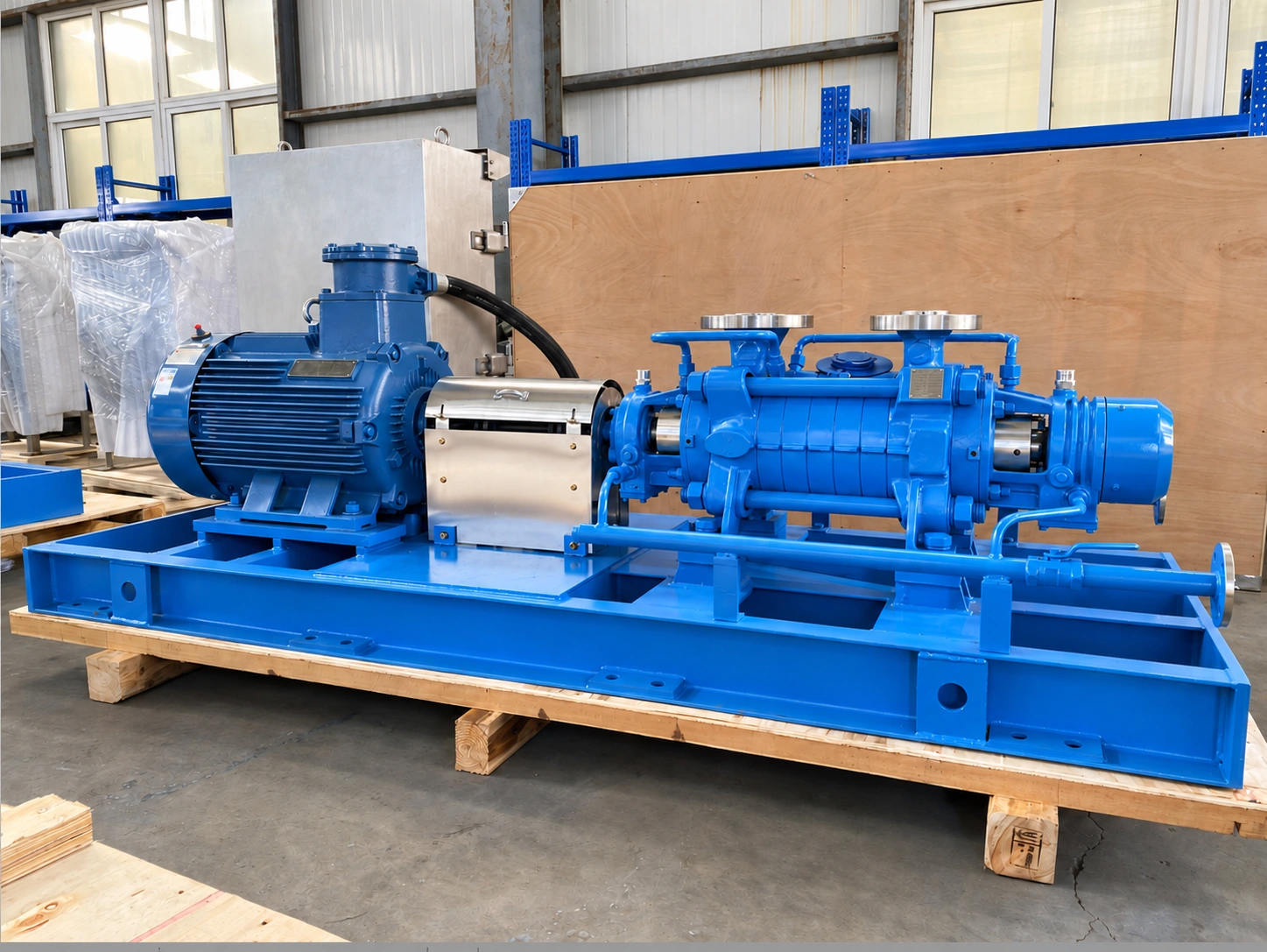 Bomba azul de corpos segmentados e motor sobre uma base comum.