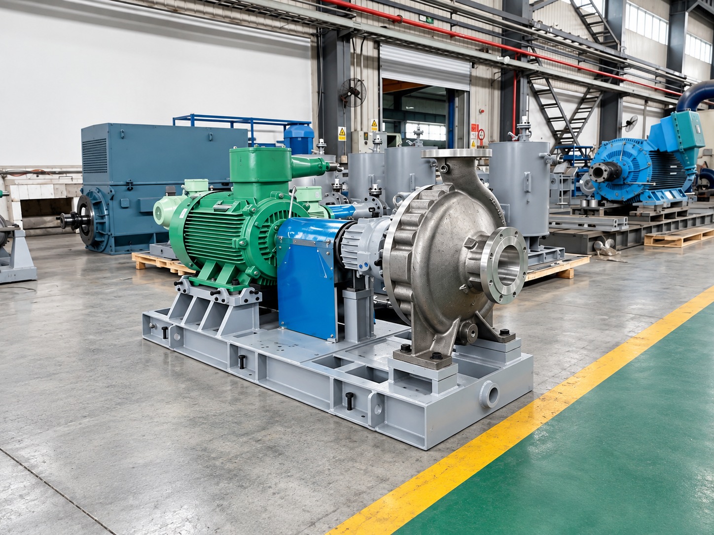 Conjunto de bomba horizontal com motor verde e proteção azul do acoplamento.