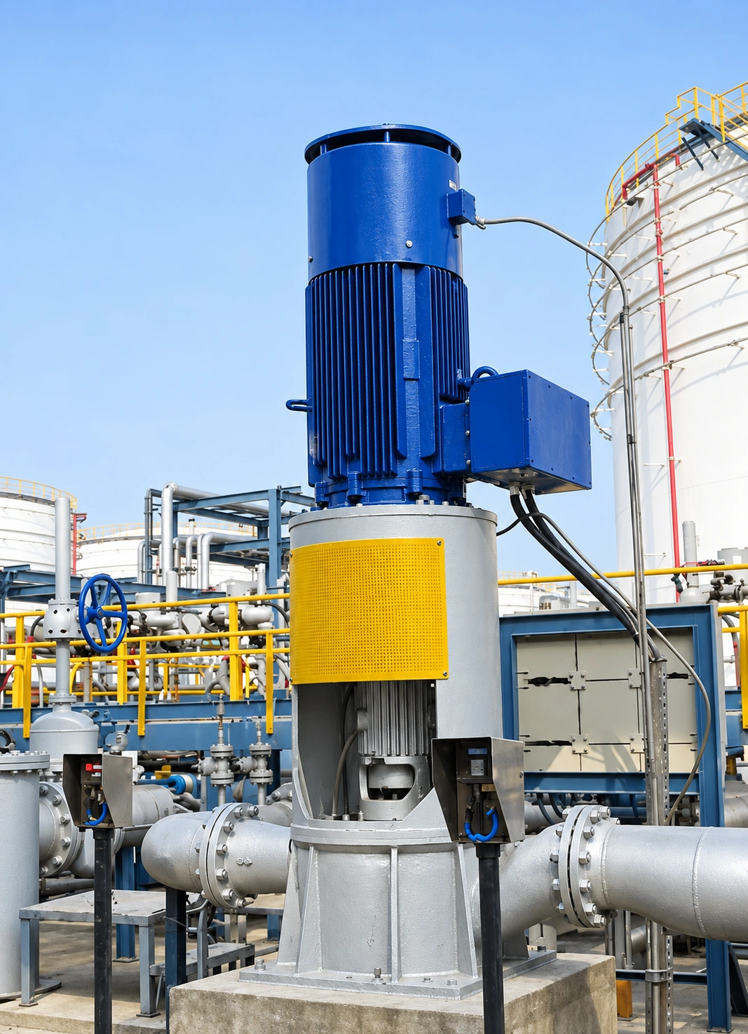 Bomba vertical em linha instalada com motor azul e proteção amarela do acoplamento.