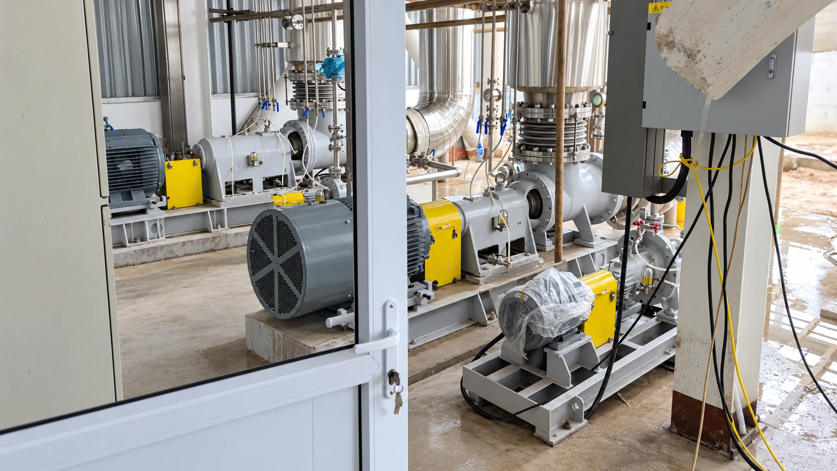 Instalações de bombas químicas de fluxo axial com motores elétricos e proteções amarelas dos acoplamentos.