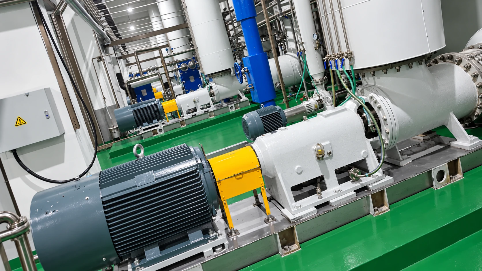 Bombas químicas de fluxo axial instaladas junto a tubagens de processo sobre um pavimento verde.